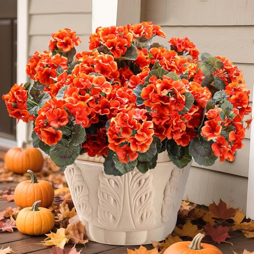 DuHouse Artificial Fall Flowers for Outdoor Garden Home Decoration 6 Bundles Artificial Geranium Flowers for Outdoor Kitchen Table Centerpieces Decor(Orange) - color: Orange