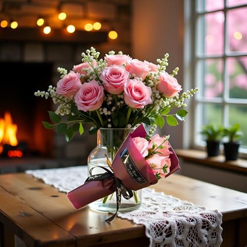 Pink 30 Grams 3Heads Rose Bouquet Flower Petals Valentine Day Gifts Artificial Flowers for Women Mom Wife Best Friend, Birthday Christmas Valentine's Mothers from Daughter Son Husband