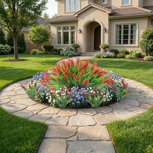 Rowfad 22 Pcs Artificial Outdoor Flowers Fake Outdoor Plants Monkey Grass with Red Flowers for Pot Decor for Window Garden Patio Hanging Planter Pathway Front Porch (22, Red) - color: Red