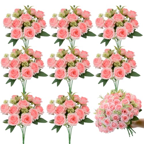 8 Pack Rose Artificial Flowers Bouquet, 10 Small Silk Rose Heads Per Pack, Fake Roses Bunches for Wedding Table Centerpieces Bridal Bouquet Mother's Day Valentine's Day Home Decor, Light Pink - color: Light Pink