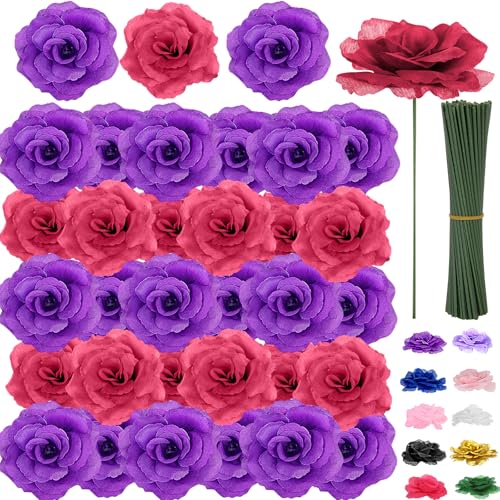 LELEE 108pcs Roses Head Flowers with Stem, Purple & Red Artificial Cemetery Flowers Rose Bulk, Violet Silk Rose for Flower Arrangements Spring Gravesite Funeral Bouquets Memorial Grave Decor - color: Wine-purple