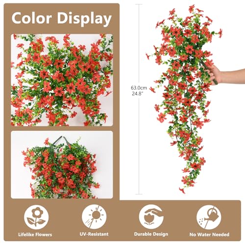 ZFProcess Artificial Hanging Flowers for Outdoors, 2 Pcs Fake Hanging Plant Spring Summer Decor, UV Resistant No Fade Realistic Faux Flower for Front Door Porch Planter Patio Garden Yard (Red) - color: Red