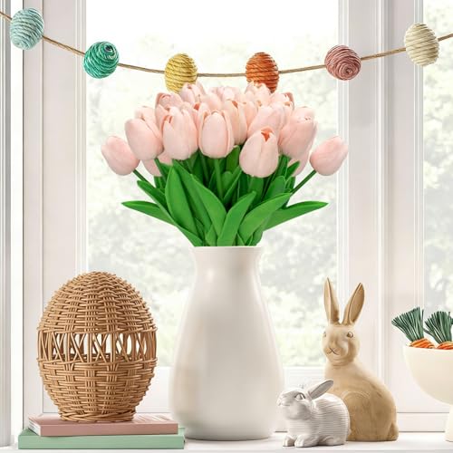 28pcs Light Pink Flowers Artificial Tulip Stems Real Feel PU Tulips for Easter Spring Wreath Wedding Bouquet Centerpiece Floral Arrangement Cemetery Table Décor 13" Tall - color: Light Pink
