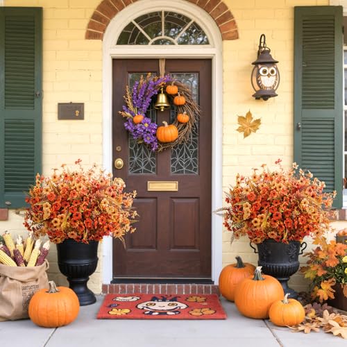 20 Bundles Artificial Fall Flowers for Outdoors Decoration, Fake Mums Silk Daisy Faux Plastic Plants Boston Fern UV Resistant for Autumn Thanksgiving Garden Planters Home Decor, Mixed Orange - color: Yellow Orange