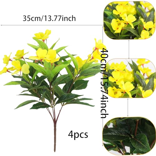 CITYES 4 Pcs Artificial Flowers Outdoor Impatiens UV Resistant Silk Impatiens Flowers Yellow Faux Flowers Impatiens Bushes Artificial Impatiens for Pot Patio Lawn Garden Hanging Basket Porch Decor - color: Yellow