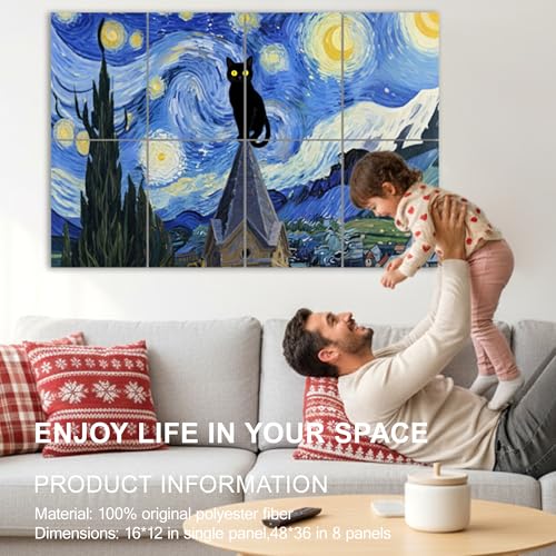 Mollywell Art Acoustic Panels, 48x32 in, Black Cat in Starry Night | Self-Adhesive, Reduces Echo, Sound Absorbing, Modern Art Wall Decor, Living Room, Studio, Bedroom, Office - color: Black Cat in Starry Night, size: 8 Pack Art