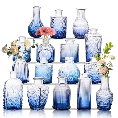 Glass Bud Vase Set of 16, Small Flower Vases, Glass Vases for Centerpieces, Vintage Home Table Decorations Bud Vases (16 Pcs, Blue) - color: Blue, size: 16 Pcs