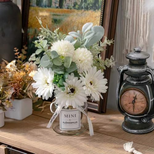 LADADA White Artificial Daisy Flower Set Glass Vase Table Centerpiece Home Decor - color: Milky White