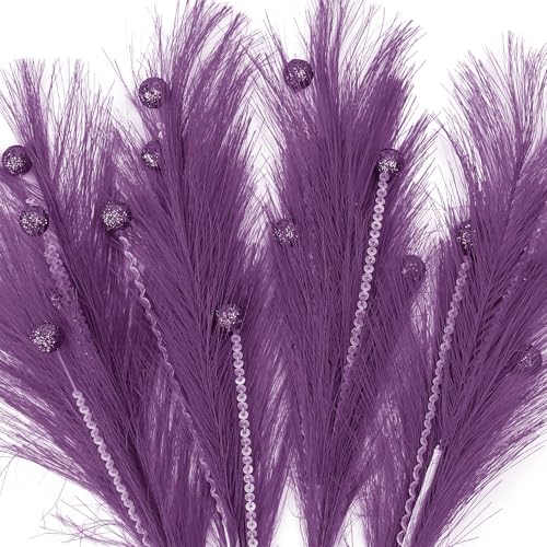 Christmas Tree Picks Decorations Set of 4 Sequins Ball Sprays 17" Artificial Furry Reed Grass Stems Fluffy Pampas Branches Feather Tails for Vase Fillers Flower Arrangements Tree Topper (Purple) - color: Purple