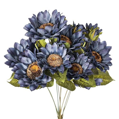 Artificial Sunflower Bouquet, 9 Heads, Silk Fabric with Iron Stems, Vintage Fall Style, Indoor Outdoor Wedding Party Home Garden Decor (Blue) - color: Blue