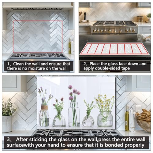 DAIFURONGE Tempered Glass Backsplash Kitchen,Flowers and Vase,36"x24" | Behind Stove Back Splash Panel Protector, Easy to Clean, Kitchen Wall Decor,One Piece Oven and Range Backsplash - size: 35.4"L x 23.6"W
