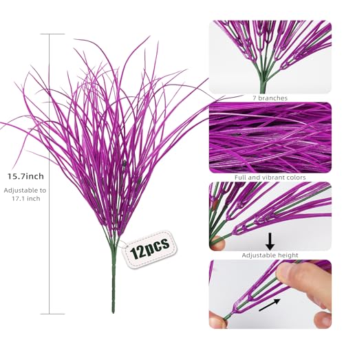 RECUTMS 12 Bundles Artificial Fake Grass Plants Flowers Faux Plastic Wheat Grass Outdoor UV Resistant Greenery Shrubs Plant for Outdoor Planters Wedding Outside Hanging Home Garden Décor(Pure Fuchsia) - color: Pure Fuchsia Grass