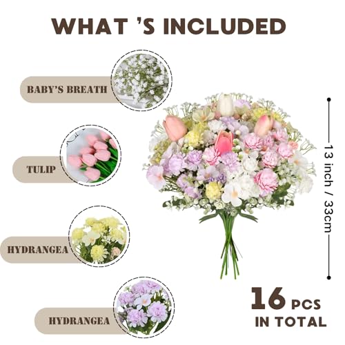 Florielle Artificial Hydrangea Bouquet Fake Silk Flower with Faux Tulips Baby's Breath for Spring Summer Wedding Centerpieces Home Decor Party Table Floral Arrangements (Multi Color) - color: Multi Color