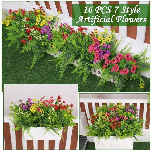 16 Bundles 7 Styles Artificial Flowers for Outdoors, UV Resistant No Fade Fake Plants Outdoor Faux Flowers Plant Silk Daisy Boston Fern Lavender Flowers for Cemetery Outside Planters Porch Patio Home