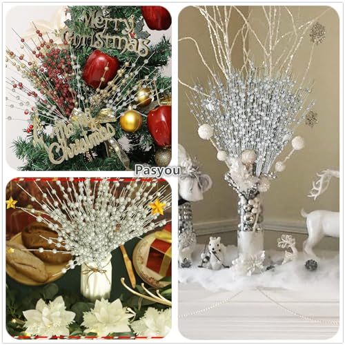 Artificial Glitter Berry Stems Silvery Decorations 17 Inch, Fake Berries Bead Sticks Pick for Halloween Christmas Ornaments Glittery Berries Xmas Tree Wreath Vase Filler Home Decor - Silver 10 Pack - color: Glitter Berry Sticks - Silver 10 Pack