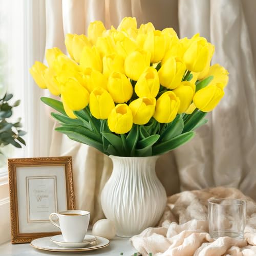U'Artlines 30Pcs Fake Tulips Artificial Flowers with Stems Faux Tulips Bouquet Real Touch Flower for Wedding Home Kitchen Spring Easter Mother's Day Floral Arrangement Decor (Yellow) - color: Yellow