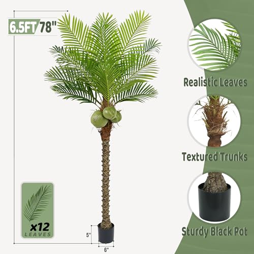 Roselywed Artificial Phoenix Palm Tree 6.5FT with 12 Leaves & 3 Coconut Fruit & Real Bark Tropical Areca Sago Palm Tall Large Faux Plant 78 Inch Black Pot for Indoor Outdoor Home Poolside Mall Decor - size: 6ft 6in