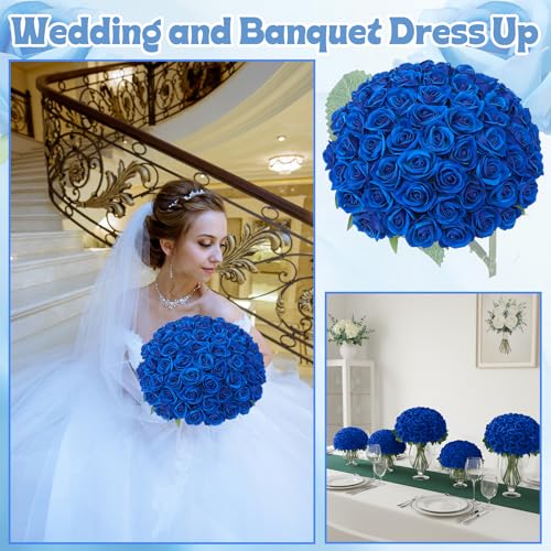 90 Pcs Royal Blue Velvet Rose Artificial Flowers with Long Stems, Fake Silk Roses Real Touch Fake Roses Florals for Birthday Wedding Bouquet Party Arrangement Decorations - color: Royal Blue