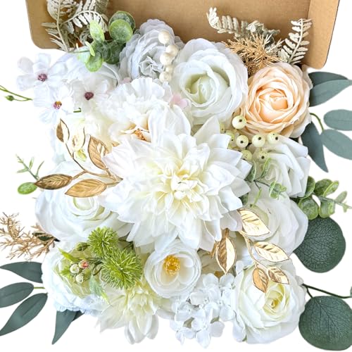 White Artificial Flowers Combo Box Set Bulks Champagne Ivory Silk Dahlia Roses DIY Cake Flowers Bridal Wedding Bouquets Boho Fake Floral Gold Leaves Stems Centerpieces Baby Shower Table Decor - color: White, Cream