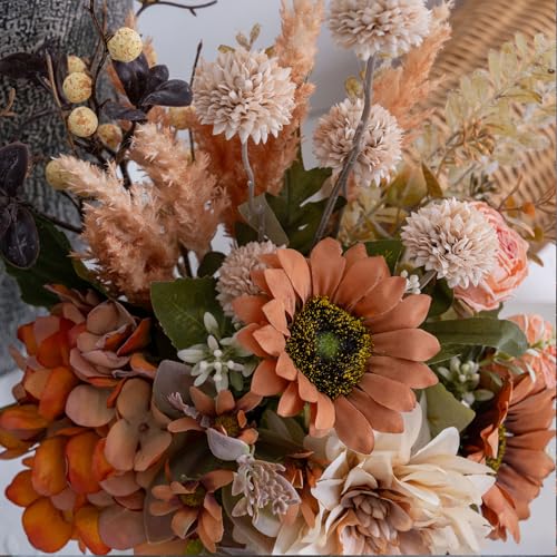 17-inch Artificial Fake Faux Flowers Silk Flower Arrangements Bouquets with Dandelions, Dahlias, Hydrangeas, Sunflowers, Roses, Astilbes and Shooting Star Branches(Autumn Haze) - color: Autumn Haze