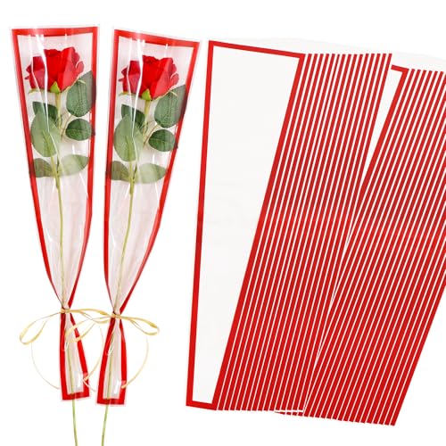 BEISHIDA 100 PCS Single Rose Sleeve Single Flower Wrapping Bags Single Rose Packaging Cellophane Flower Sleeves for Florist Bouquet Supplies, Mother's Day, Valentine's Day,Wedding Gift(Black Edge) - color: single-red