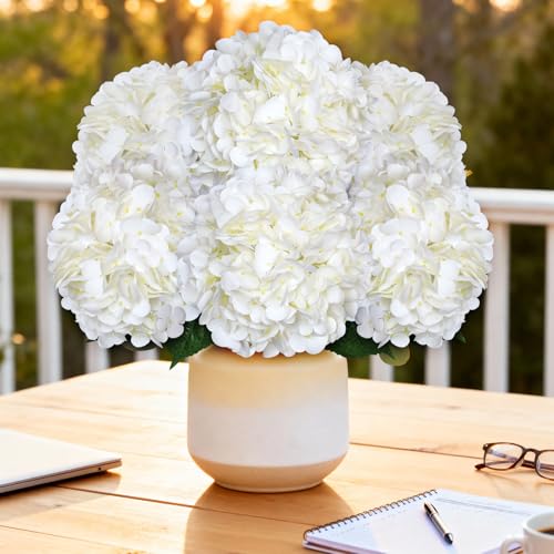 8pcs Hydrangea Artificial Flowers White Silk Fake Flower Bouquets Faux Hydrangea with Stems for Home Table Centerpieces Wedding Party Decoration (White, 8 PCS) - color: White