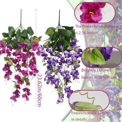 2 Pcs Fake Hibiscus Artificial Hanging Flowers Plants for Outdoors Realistic UV Resistant Spring Summer Decor Silk Faux Hibiscus Flowers Trailing Vines for Front Door Porch Outside - color: Purple, Fuchsia