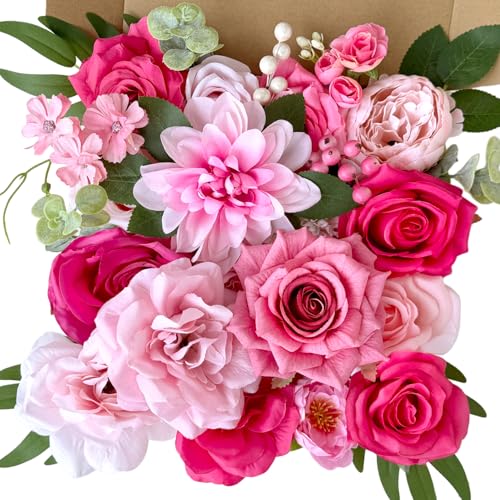 Fuschia Silk Artificial Flowers Combo Box Set Hot Pink Roses Flowers Dahlia DIY Bridal Wedding Bouquets Cake Boho Fake Floral with Stems Arrangements Baby Shower Party Table Centerpieces Decor Bulks - color: Hot Pink