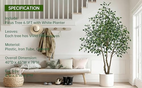 Artificial Ficus Tree 6.5FT with 1900 Leaves & White Planter Realistic Tall Large Fake Faux Tropical Silk Lifelike Plant 78 Inch for Indoor Home Office Store Corner Decor Housewarming Gifts