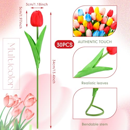 Lyrow 30 Pcs Tulips Artificial Bouquet Flowers Faux Tulips for Home Kitchen Wedding Decorations,Gift Idea for Easter Decor Mother's Day Birthdays (Classic Color) - color: Classic Color