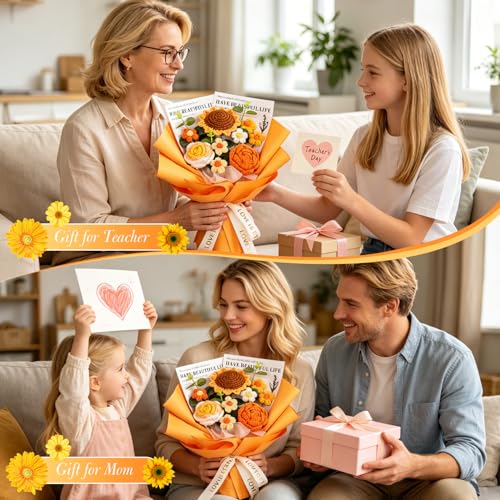 Knitted Flower Bouquet, Crochet Rose Sunflower Bouquet for Mother's Day, Father's Day, Anniversary, Graduation, Birthday, Gifts for Mom, Dad, Teacher, Friends, Orange - color: Zz: Orange