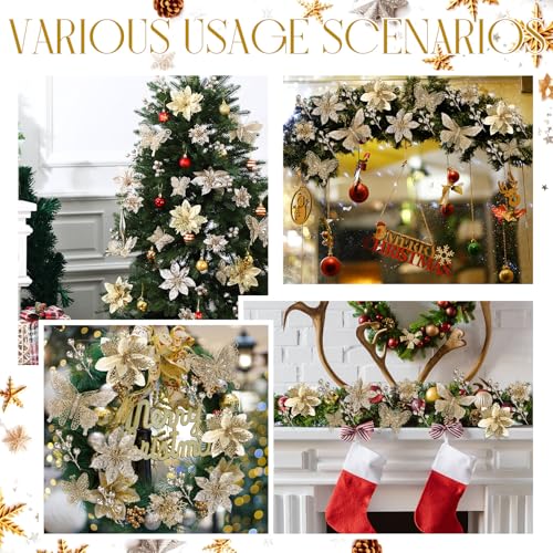 Thiccywoov 122 Pcs Christmas Glitter Poinsettia Artificial Flowers Berry Picks Butterfly Christmas Tree Ornaments 3 Styles Poinsettia kit with Clip for Xmas Wreath Home Tree Decor(Champagne) - color: Champagne