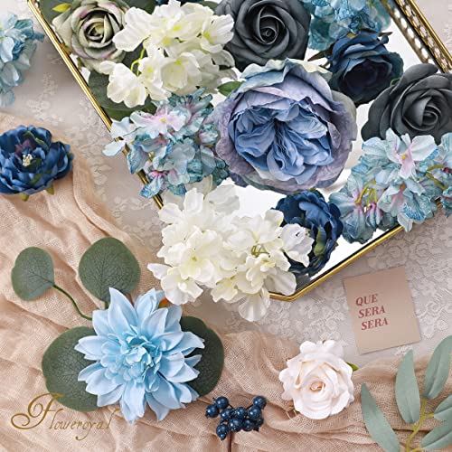 Floweroyal Artificial Flowers Combo Dusty Blue Flowers Mix Silk Flowers Dahlia Roses with Stems for DIY Wedding Bridal Bouquets, Baby Shower, Floral Arrangement, Table Centerpieces, Home Decorations. - color: Blue
