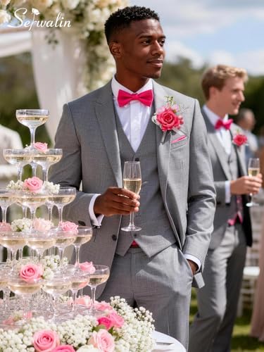 Serwalin Hot Pink Corsage and Boutonniere Set, Artificial Silk Rose Wrist Corsage Wristlet and Boutonniere Set for Prom, Homecoming, Wedding, Anniversary Party Prom Suit Dress Flower Accessories - color: Hot Pink, size: 1 Boutonniere & 1 Wrist Corsage - 2