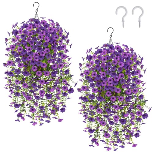 Zythrem 2 Set Artificial Hanging Flowers Basket for Outdoors Artificial Flowers for Outdoors 4 PCS Spring Summer Hanging Planter Basket for Porch Baclony Garden Front Door Decor (Purple)