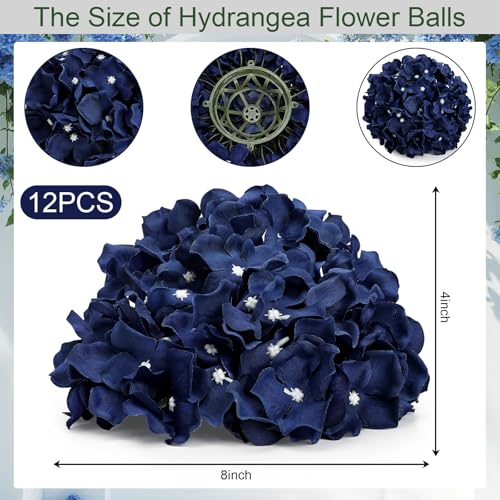 Hydrangea Flower Balls for Centerpieces - 12 PCS Artificial Floral Arrangement with Base, 8.27 Inch Diameter Fake Silk Kissing Ball for Wedding Table Home Party Decor - Navy Blue - color: Navy Blue-8 Inch-12 Pcs, size: Small Size