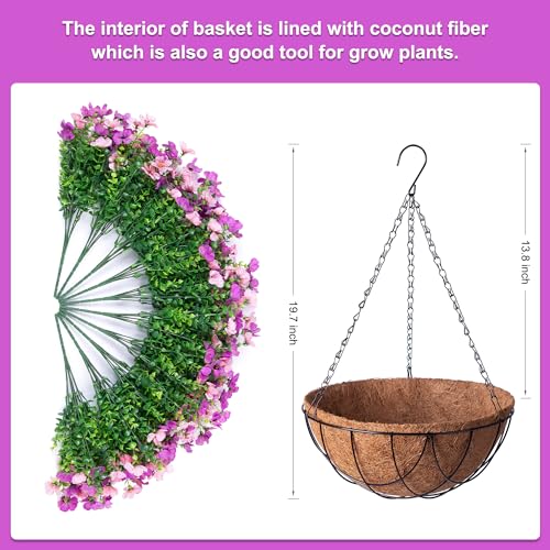 INXUGAO Artificial Silk Flowers Hanging Basket for Outdoor Indoor, Daisy with Eucalyptus Leaves Arrangement for Garden Yard Spring Decor, Faux Green Plant in Metal Coconut Lining Pot(Purple Pink) - color: Purple Powder