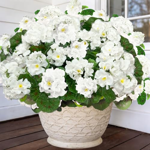 TURNMEON Artificial Geraniums Flowers for Outdoors Summer Decoration, 4 Bundles Fake Flowers Silk White Flowers UV Resistant No Fade Faux Plants for Planter Gardens Table Porch Indoor Cemetery Decor - color: White