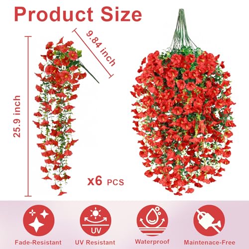 Artificial Flowers for Outdoors, 6-Pack 420 Blooms UV Resistant Hanging Morning Glory Silk Flowers Vines, Realistic Fake Plants Outside Decroation for Porch Patio Balcony Yard Garden (Red) - color: Red