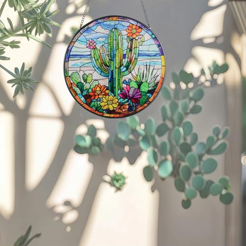 Cactus Suncatcher Decor, Cactus Stained Glass Window Art Beach Decor Sea Glass Hanging - 7.9" Outdoor/Indoor Art Decor for Home Garden