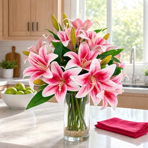 ATFL Artificial Lilies Flowers,9 Pcs Faux Lily Flowers,16''Tiger Lily Branches with 2 Full Blooms and 1 Bud,Faux Fake Lilies Plants for Wedding Bouquet Floral Arrangements (9, deep Pink) - color: Deep Pink