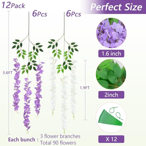 12Pcs Artificial Wisteria Hanging Flowers, 3.6Ft/Pcs White & Purple Fake Wisteria Garland for Wedding Party Home Garden Indoor Outdoor Decoration - color: White & Purple, size: 12Pcs