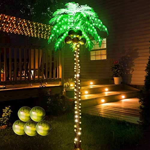 Ledido 7FT Lighted Palm Trees for Outside Patio, 179LED Palm Tree Outdoor with 5 Coconuts Bendable Leaves Waterproof, Artificial Fake Trees for Pool, Yard, Deck, Home, Party, Indoor Christmas Decor - color: Warm White, size: 7ft