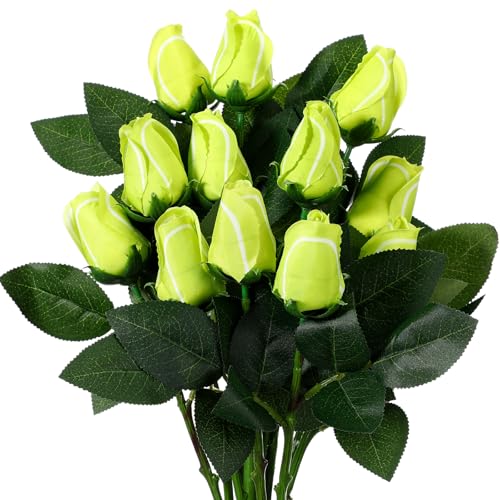 Suhine 12 Pcs Artificial Tennis Rose Flowers Sports Party Favors Bulk for Birthday Graduation Wedding Party Decorations Table Centerpieces Mom Fans Team Coach Senior Night Gift (Tennis Color, Normal) - color: Tennis Color, size: Normal