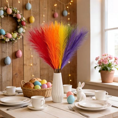 50pcs Pampas Grass 21.6 Inch Non-Shedding Faux Pampas for Modern Neutral Home, Boho Wedding and Cream Tone Vase Arrangements Red Orange Yellow Green Purple - color: Mixed Color3