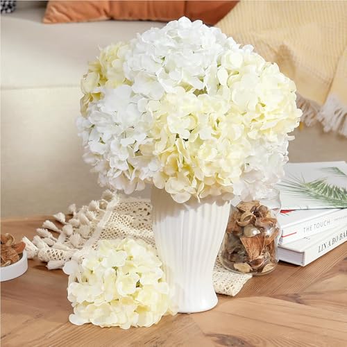 Auihiay 10PCS Hydrangea Artificial Flowers, Faux Champagne Flowers for Wedding Centerpieces, DIY Bouquets, Bridal Shower, Floral Decor Home Decoration with Stems (VASE NOT Included) - color: Champagne