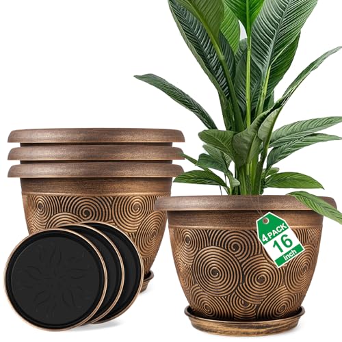 Fodetyff 16 Inch Large Planter Pot for Plants Indoor Outdoor, 4 Pack Plastic Flower Pots with Drainage Hole & Tray, Modern Decorative Garden Pot with Saucer, Plant Container for House - color: Gold, size: 16 inch-4 pack