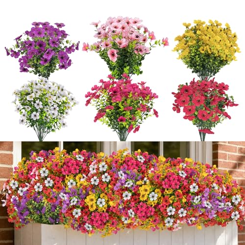 CLEANGOR 12 Pcs Artificial Flowers for Outdoors (6 Color) | UV Resistant Artificial Outdoor Plants, Fake Daisy with Eucalyptus Leaves, for Spring Summer Garden, Porch, Home Decor - color: Mix1(rose Red+purple+yellow+white+red+pink)