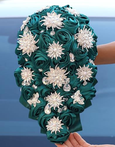 Luxury Cascade Bridal Wedding Bouquet Satin Rose Waterfall Holding Bouquet Artificial Flower Bunch for Bride Bridesmaid(Dark Green, 15" x 7.5") - color: Dark Green #1, size: 15"L x 7.5"W(38cm x 19cm)