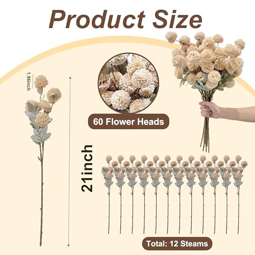12pcs Artificial Flowers Faux Silk Pompon Mum, Fake Kiku Flowers with 21" Long Stems & 5 Heads Each Stem, Mini Small Chrysanthemum with Stems for DIY Wedding Bouquets Centerpieces Home Decor - color: Beige, size: 12 PCS